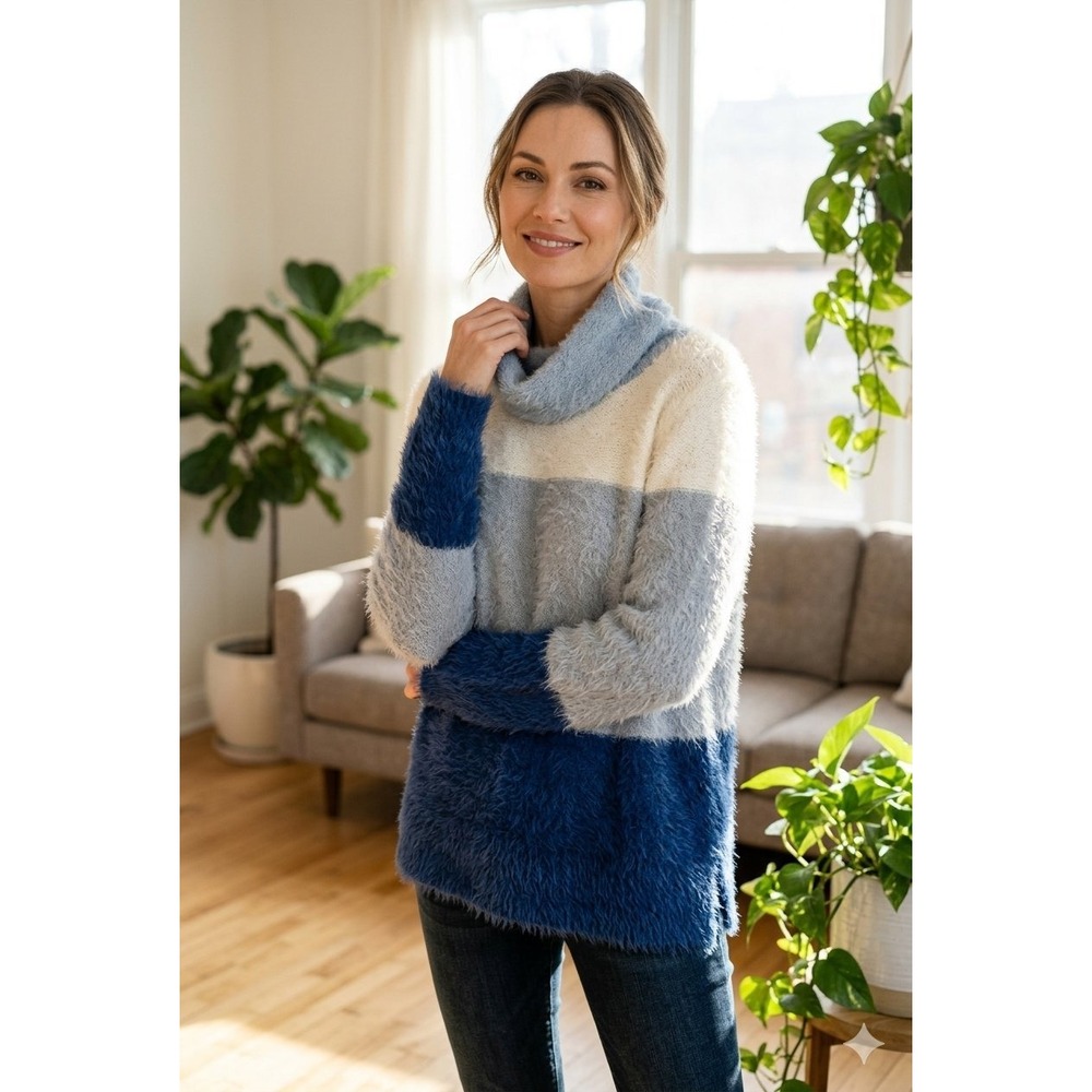 Tribal Women PS Eyelash Knit Cowl Neck Blue Ombre Sweater Soft Cozy Pullover